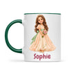 Personalised Storybook Princess and Prince Kids Photo Mug, 11oz mug with dark green handle and rim