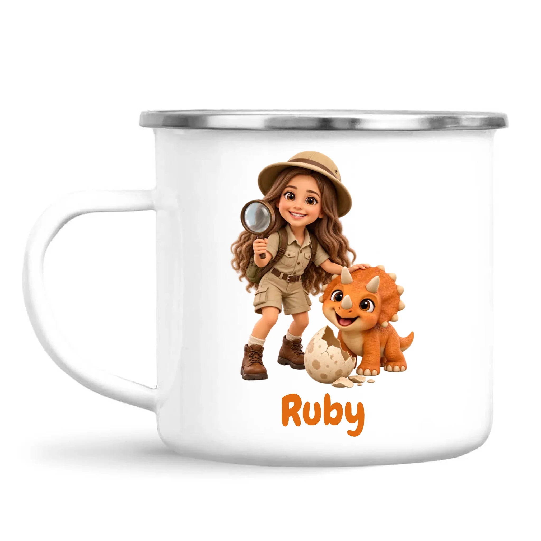 Personalised Dino Explorer Kids Photo Mug, white 12oz enamel mug