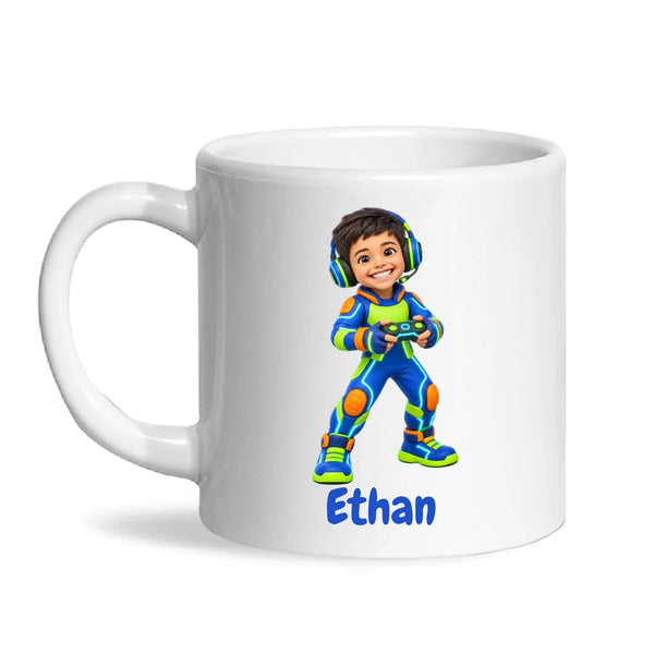 Personalised Gamer Hero Kids Photo Mug, white 6oz mug