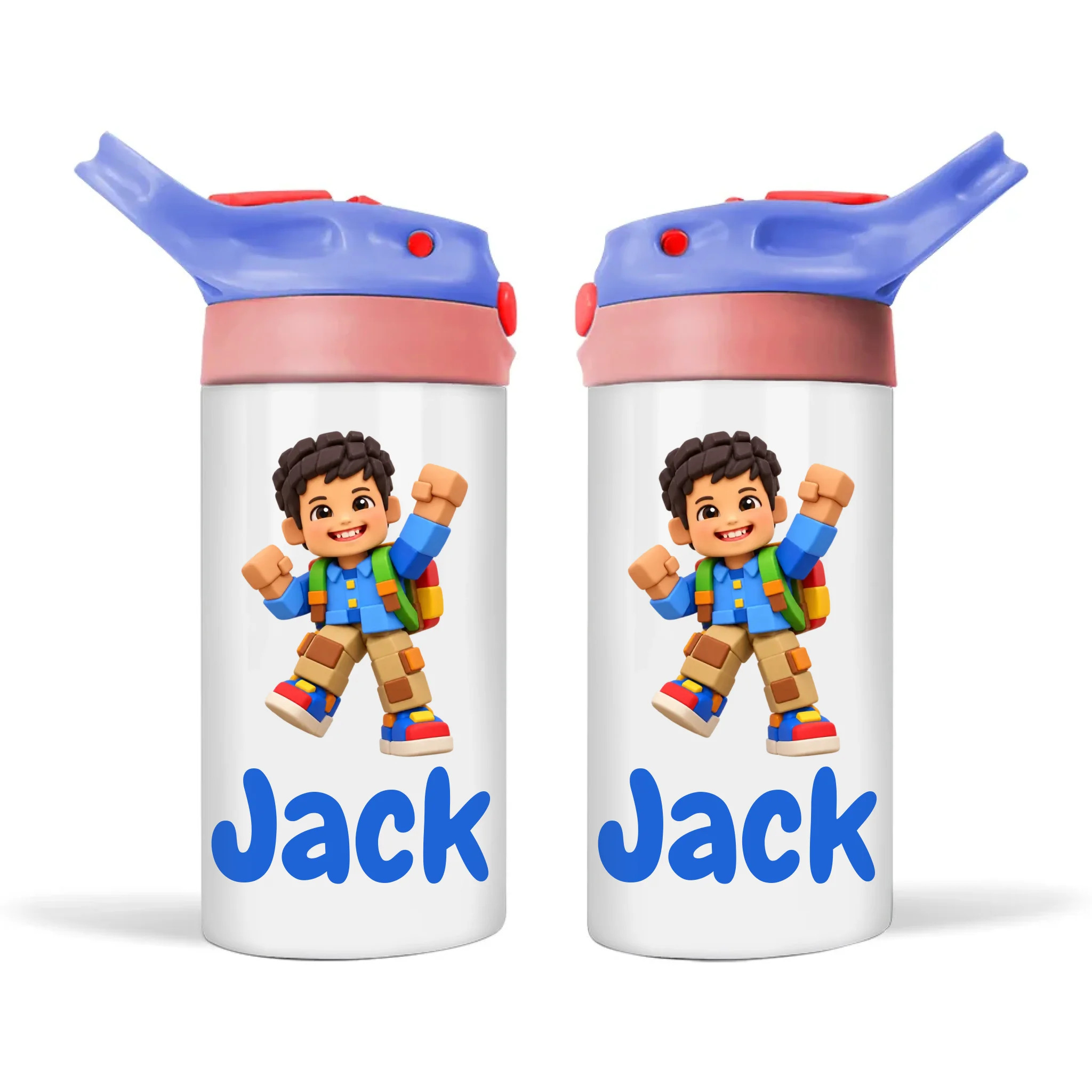 Personalised Block Hero Kids Photo Sippy Bottle, Blue-Pink