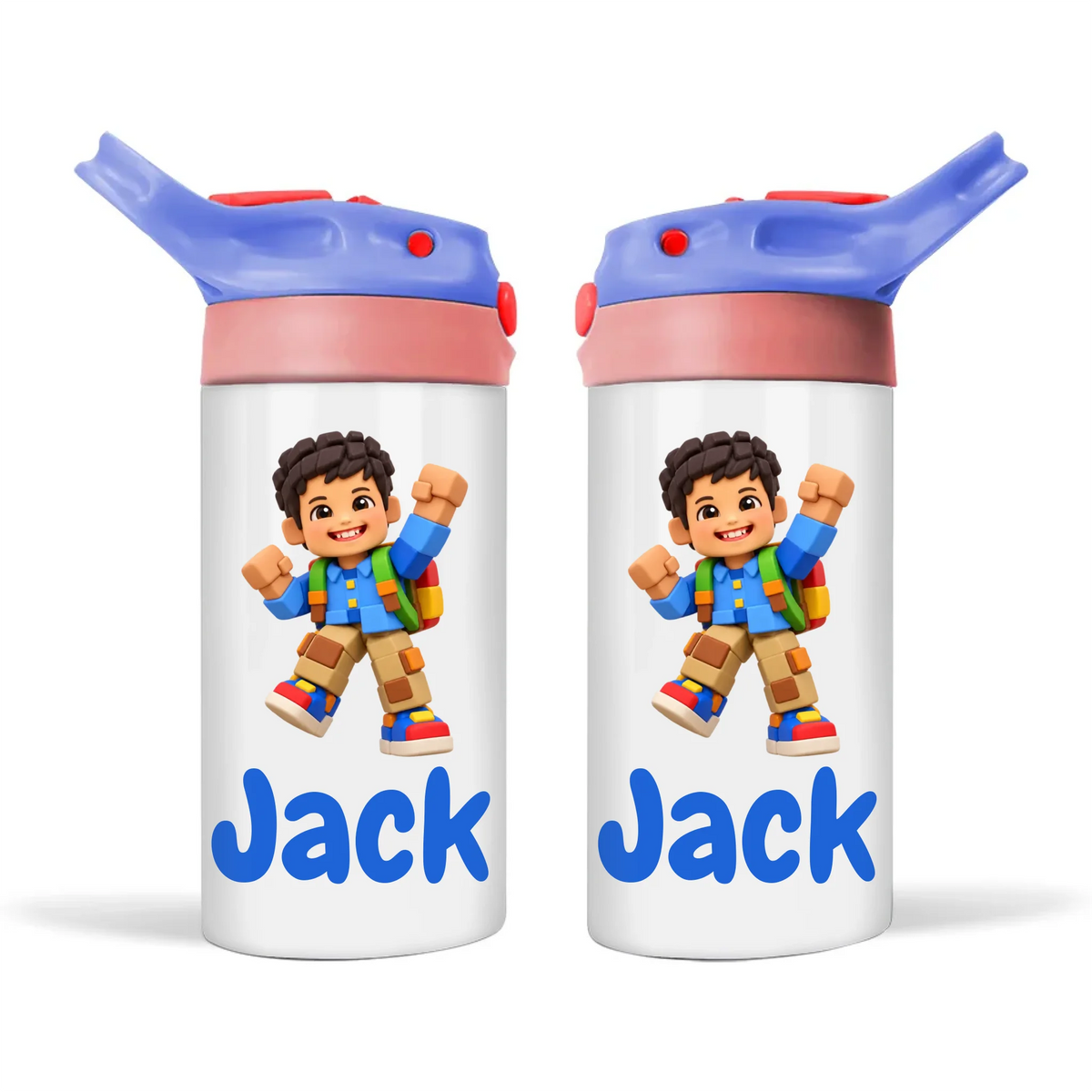 Personalised Block Hero Kids Photo Sippy Bottle, Blue-Pink