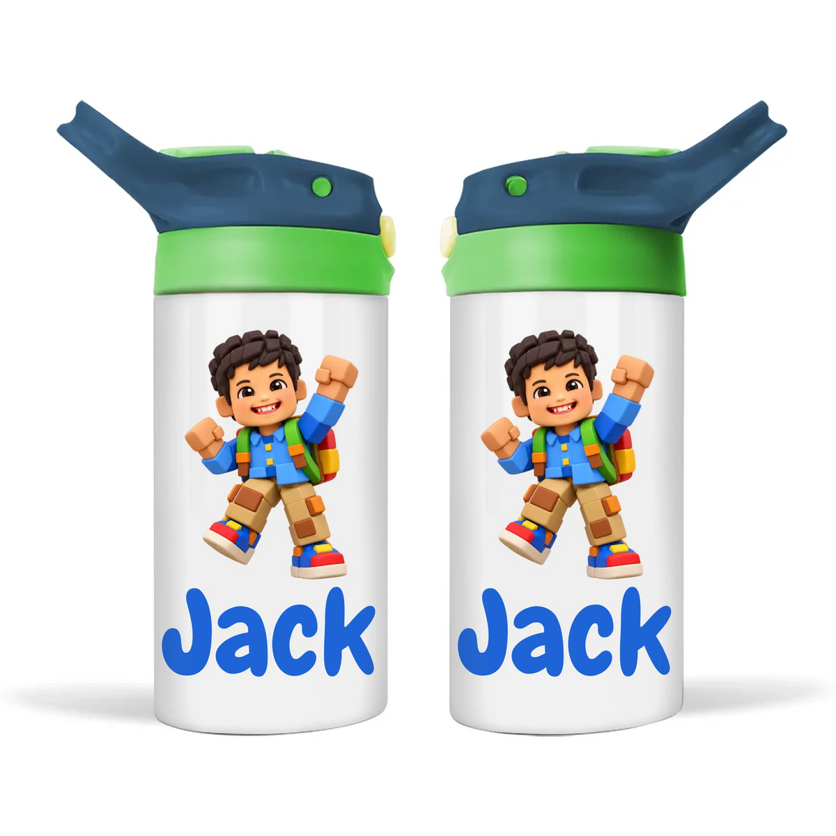 Personalised Block Hero Kids Photo Sippy Bottle, Navy Blue-Green