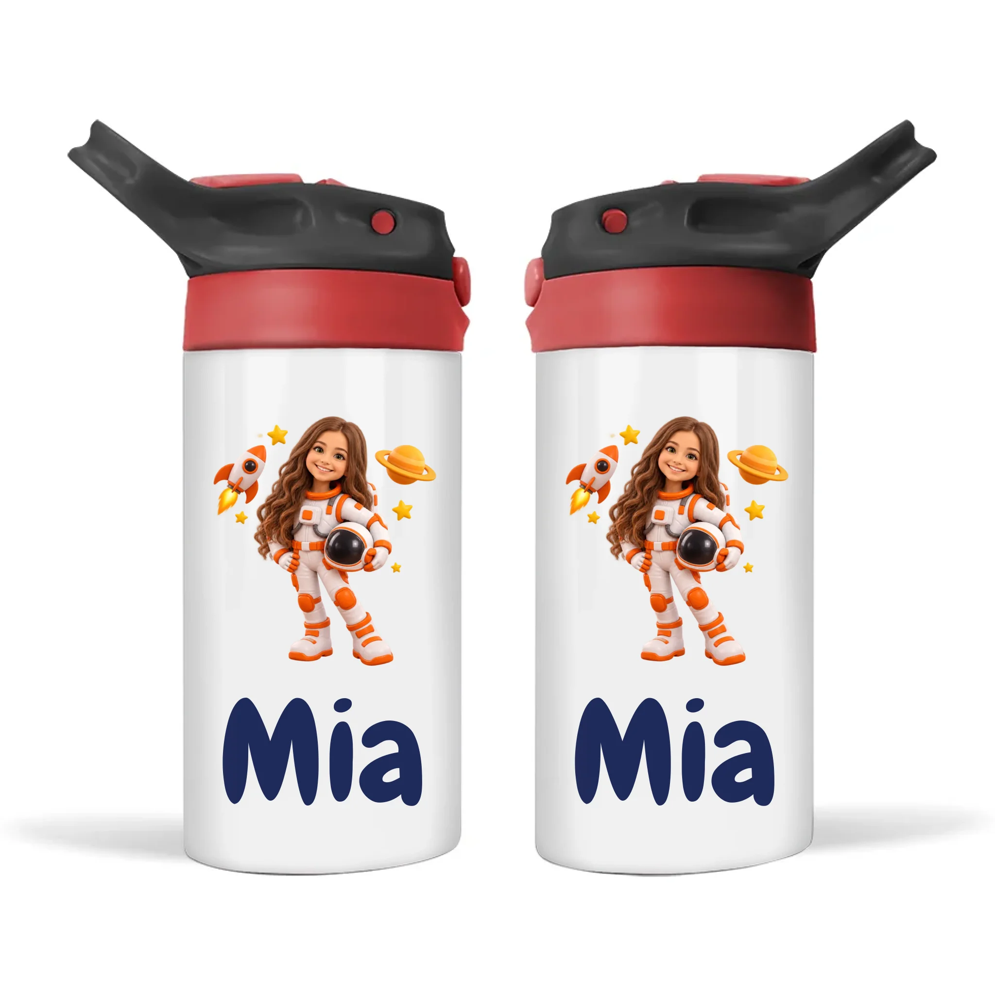 Personalised Little Astronaut Kids Photo Sippy Drink Bottle, Black-Red