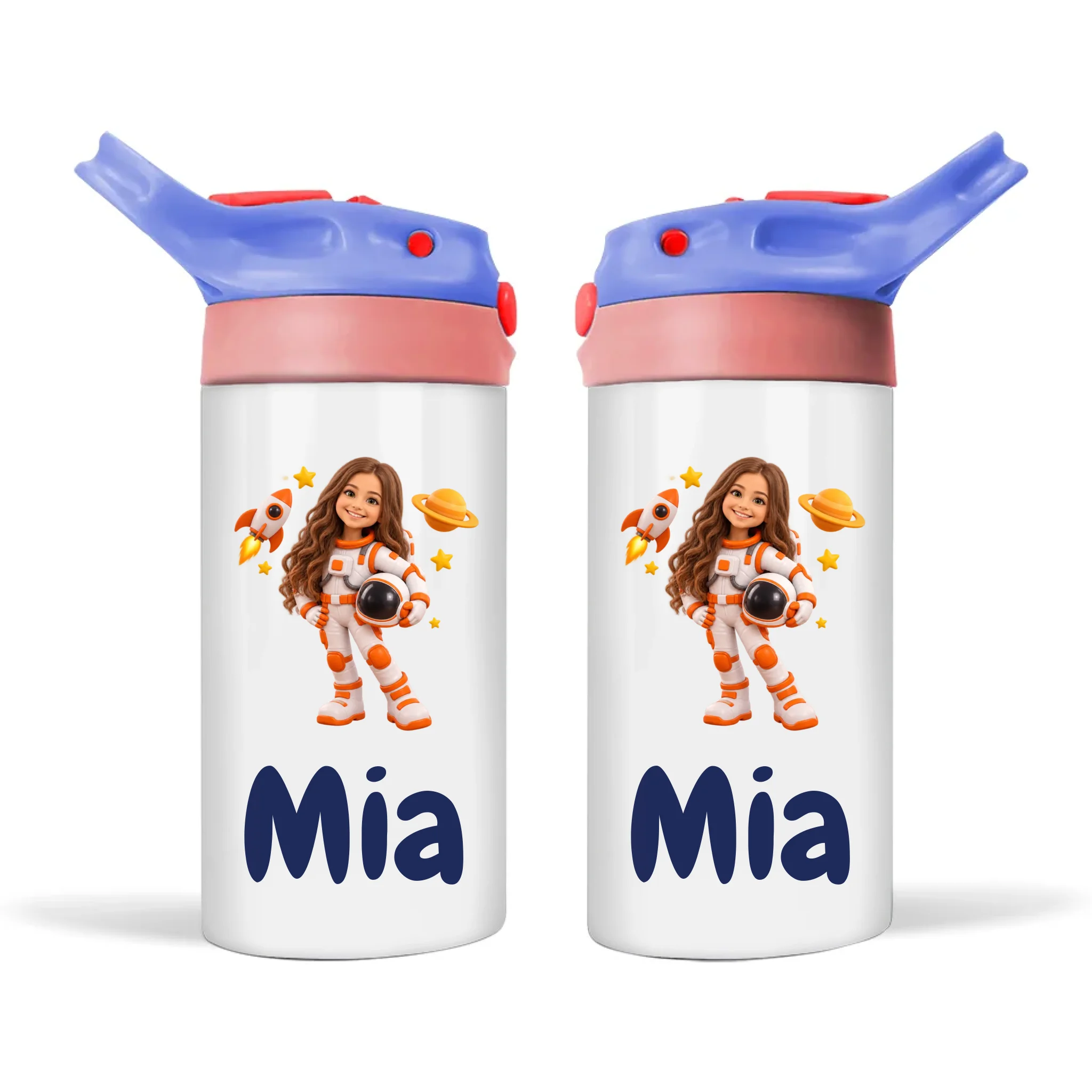 Personalised Little Astronaut Kids Photo Sippy Drink Bottle, Blue-Pink