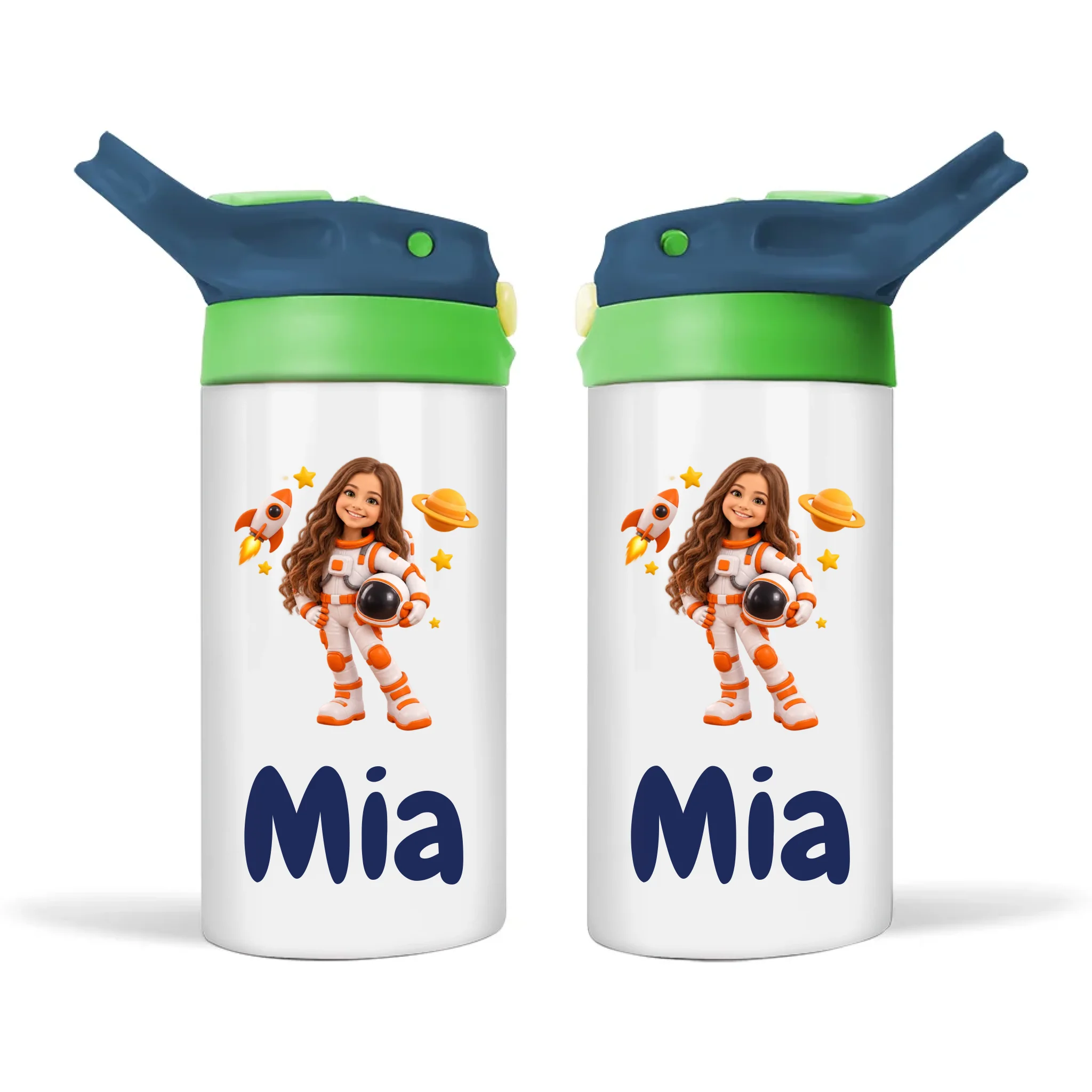 Personalised Little Astronaut Kids Photo Sippy Drink Bottle, Navy Blue-Green