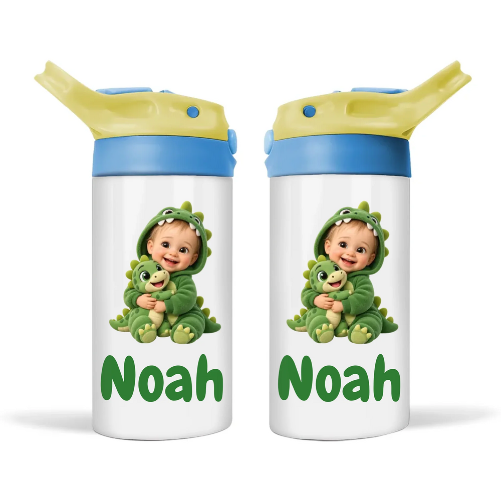 Personalised Dino Buddy Kids Cartoon Sippy Drink Bottle from Your Photo