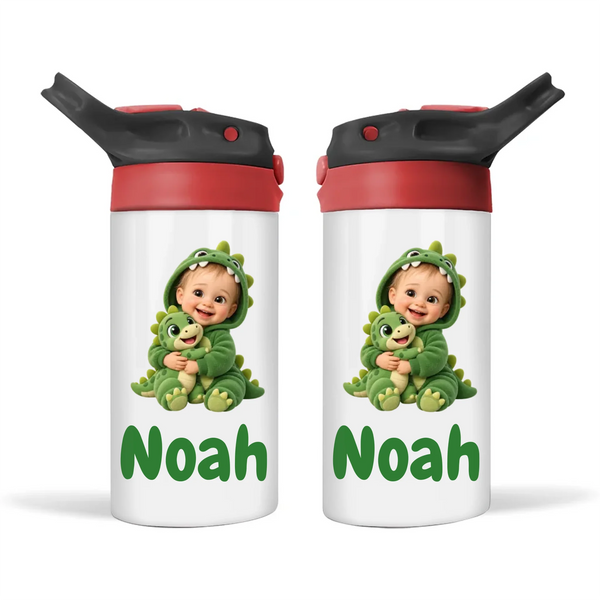 Personalised Dino Buddy Kids Photo Sippy Drink Bottle, Black-Red