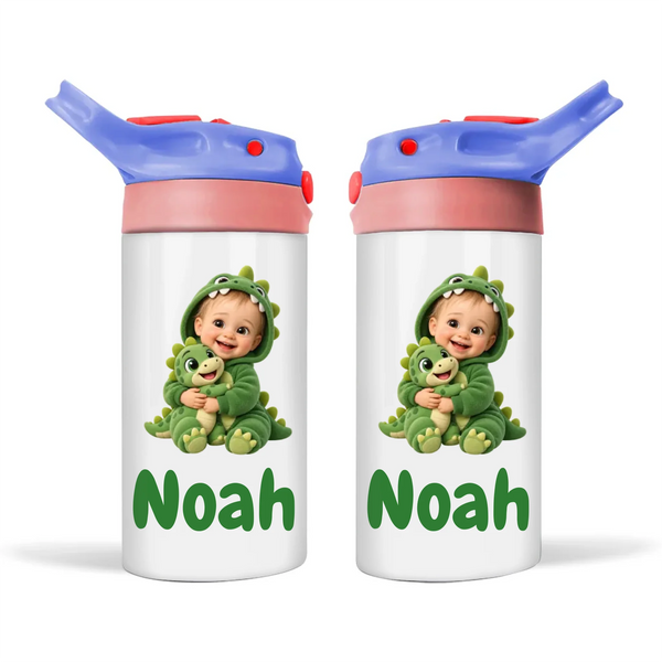 Personalised Dino Buddy Kids Photo Sippy Drink Bottle, Blue-Pink