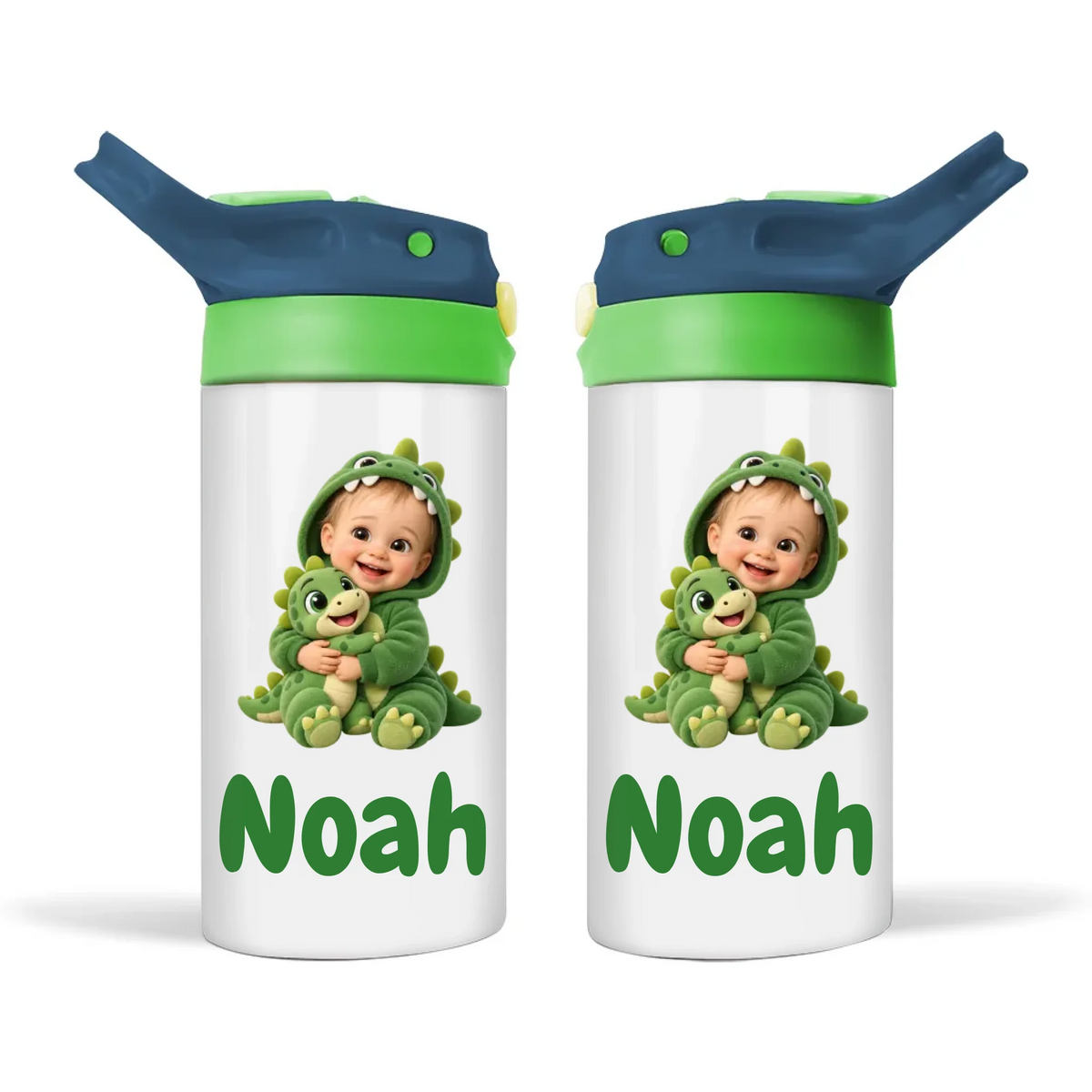 Personalised Dino Buddy Kids Photo Sippy Drink Bottle, Navy Blue-Green