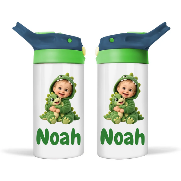 Personalised Dino Buddy Kids Photo Sippy Drink Bottle, Navy Blue-Green
