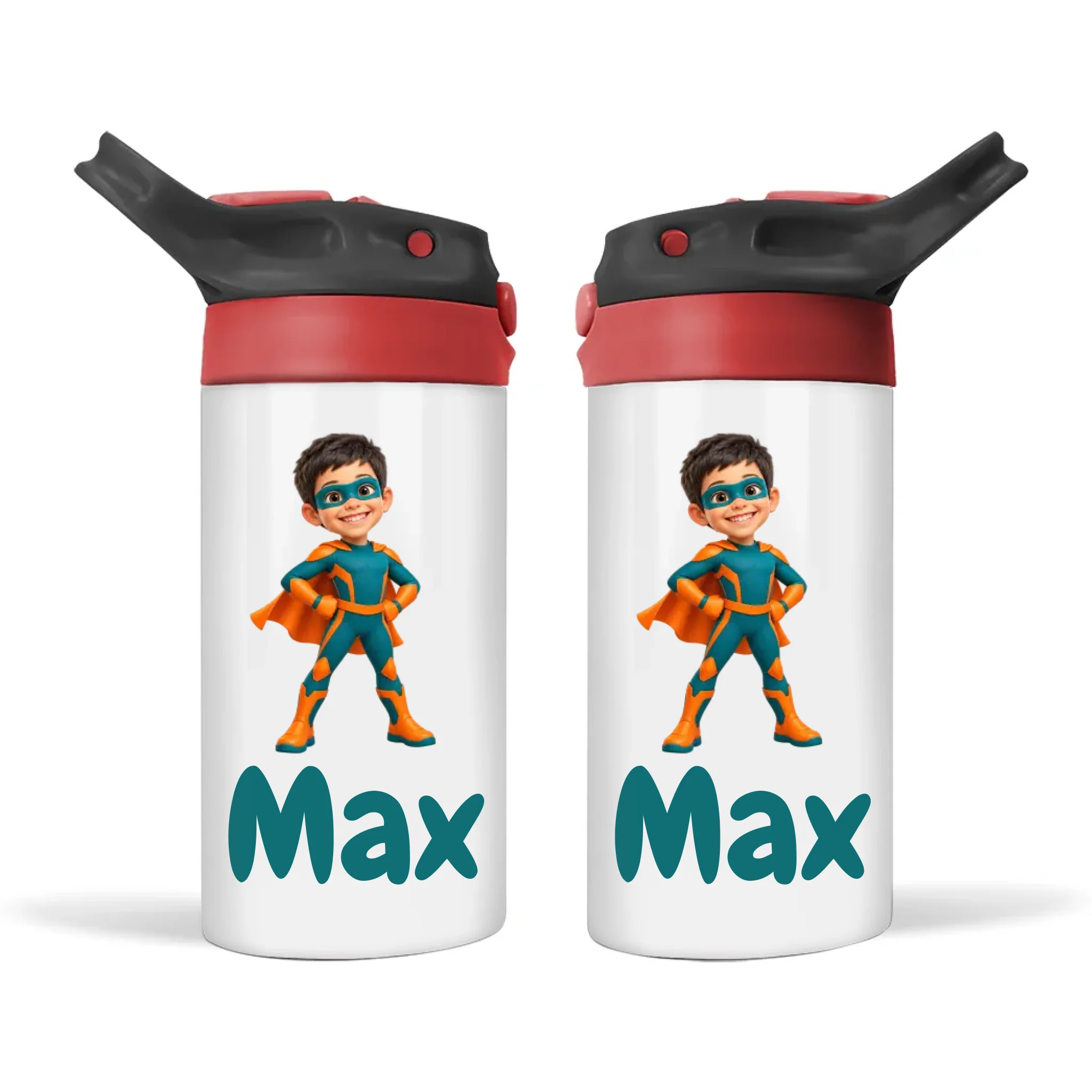 Personalised Superhero Kids Photo Sippy Drink Bottle, Black-Red