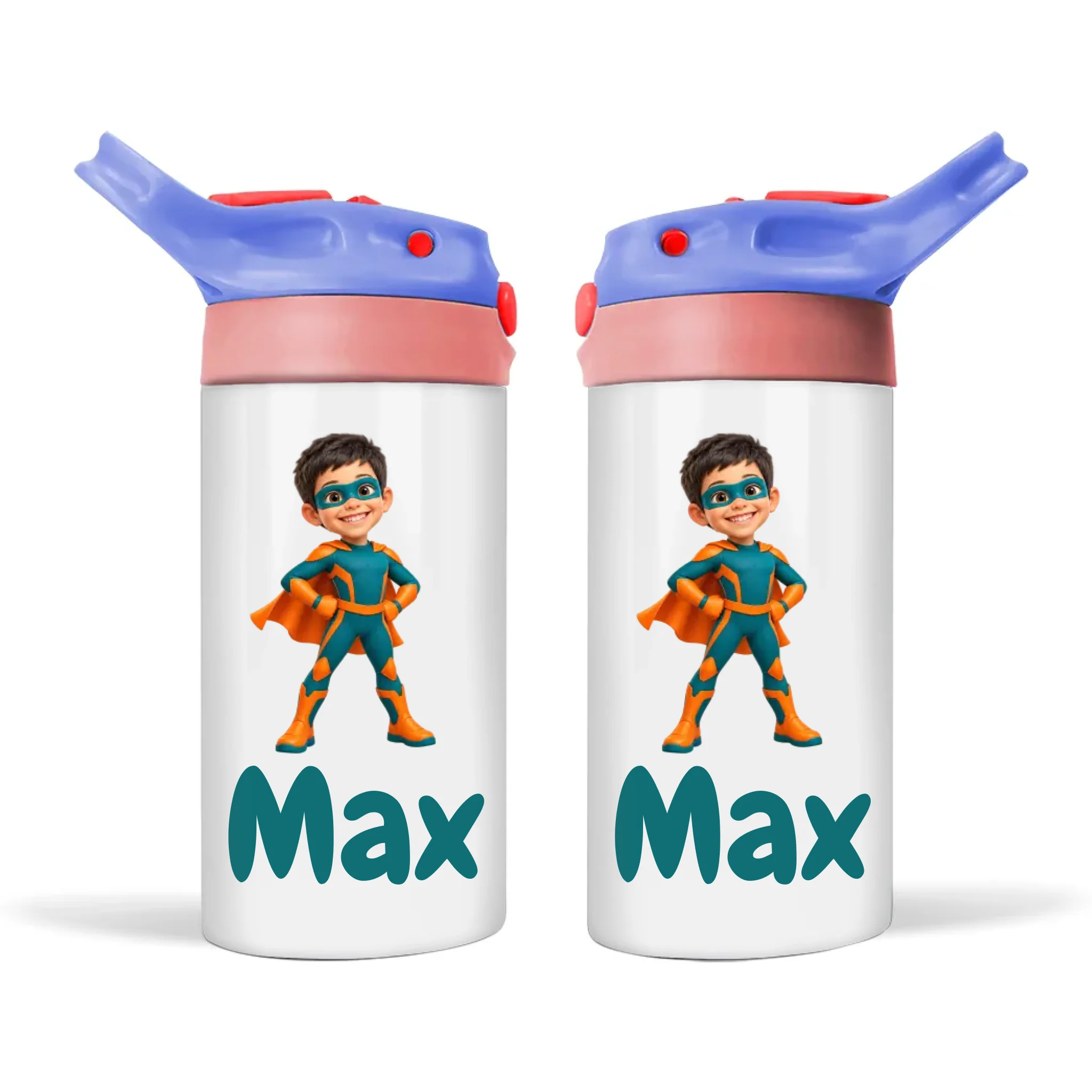 Personalised Superhero Kids Photo Sippy Drink Bottle, Blue-Pink