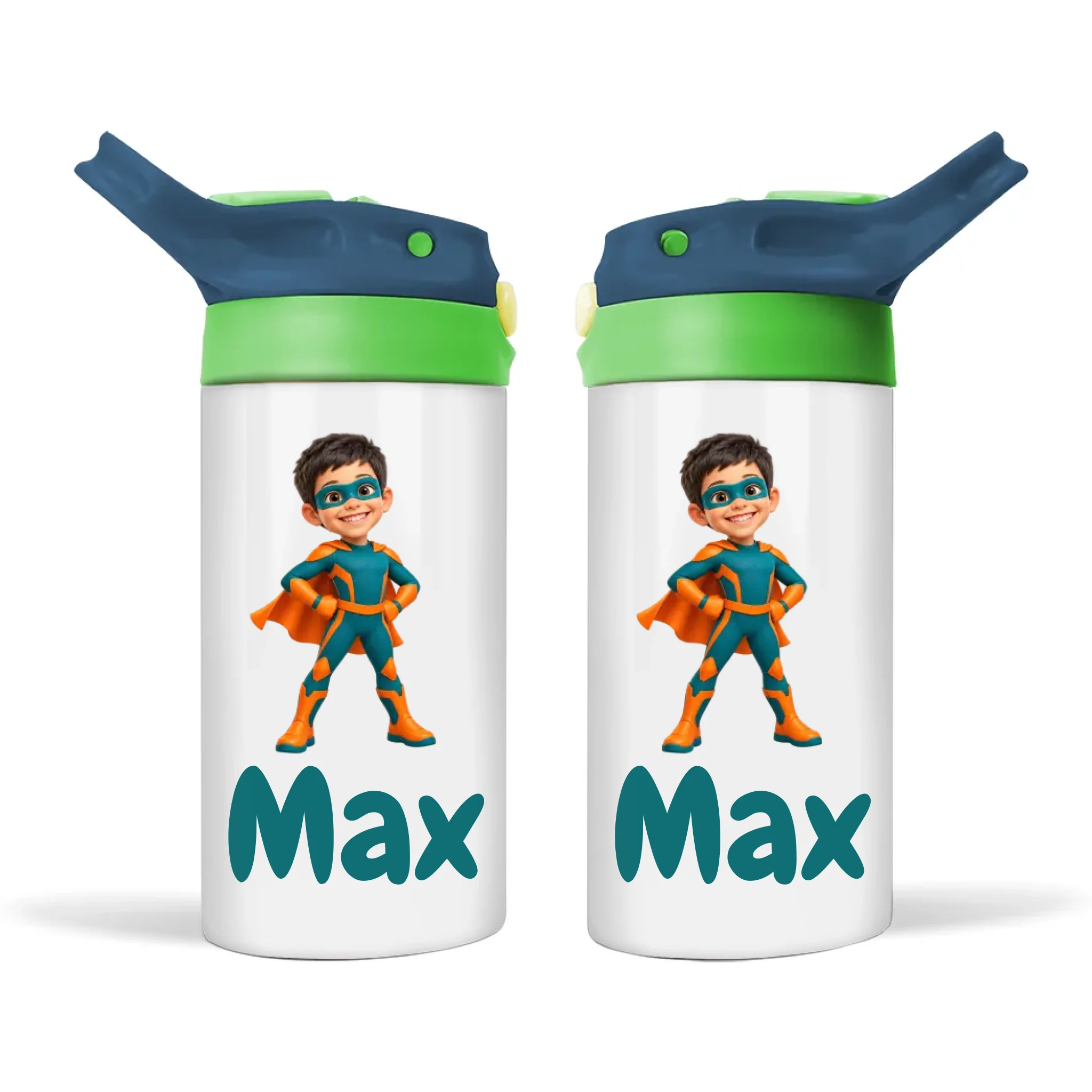 Personalised Superhero Kids Photo Sippy Drink Bottle, Navy Blue-Green