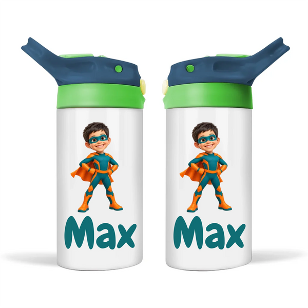 Personalised Superhero Kids Photo Sippy Drink Bottle, Navy Blue-Green