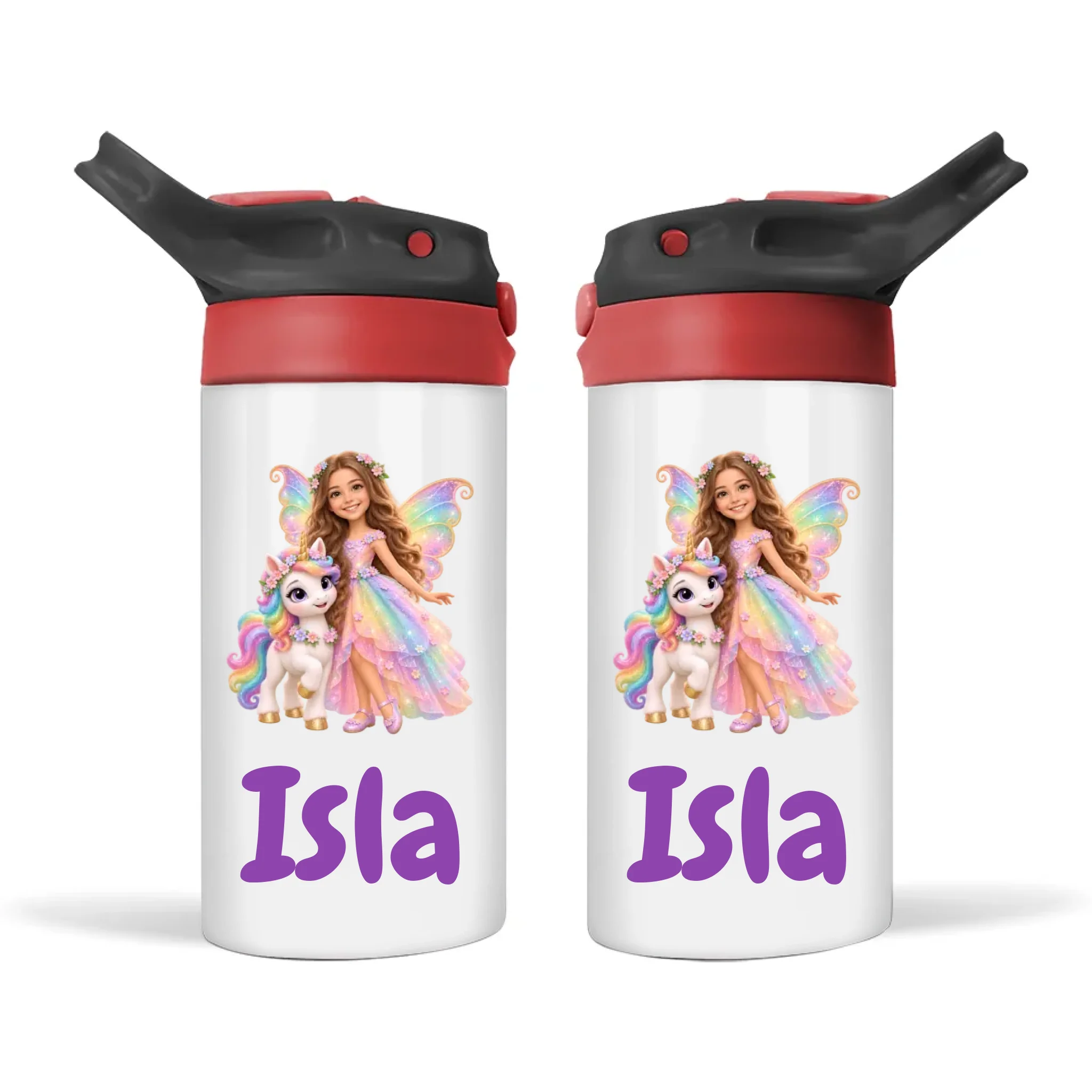 Personalised Unicorn Fairy Kids Photo Sippy Drink Bottle, Black-Red