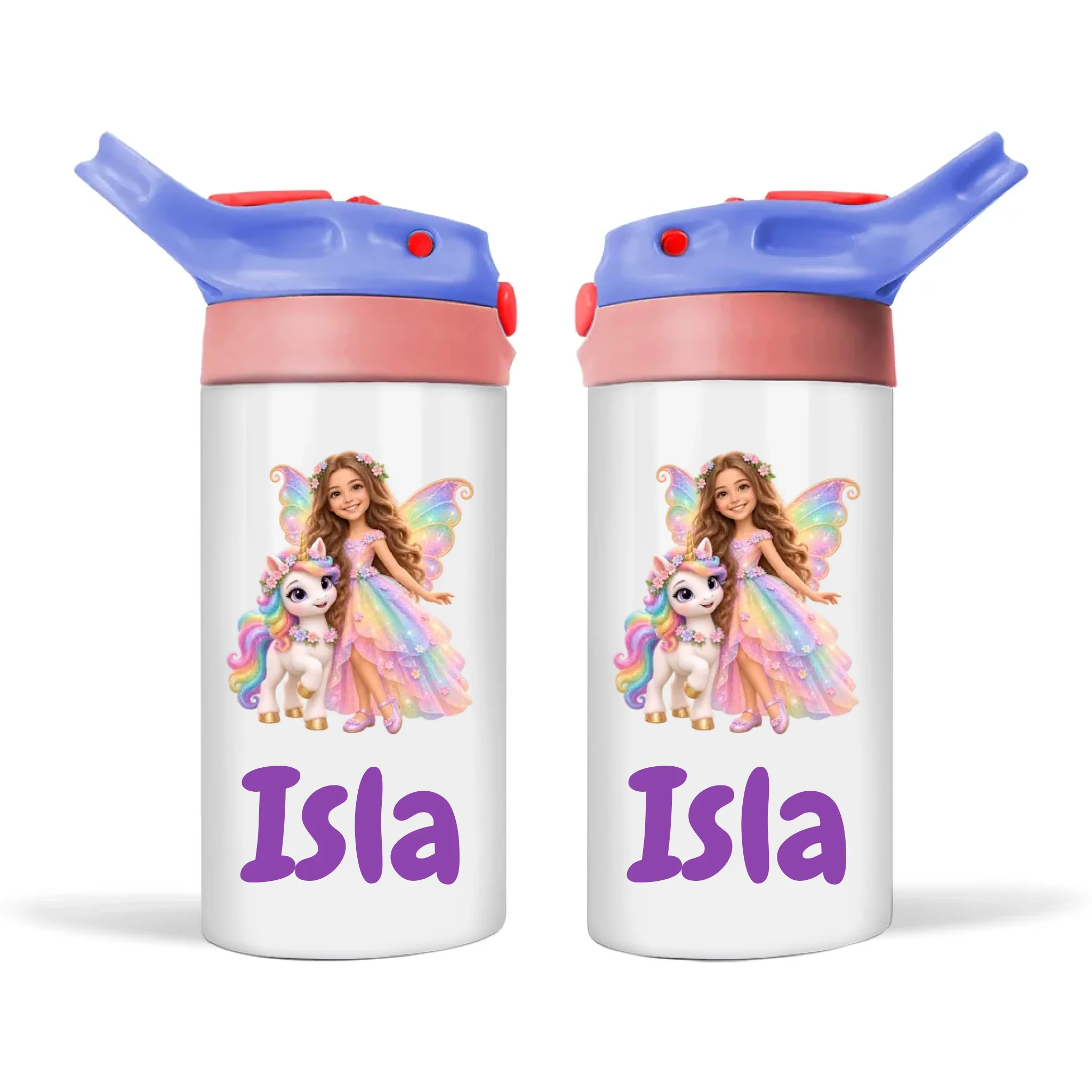 Personalised Unicorn Fairy Kids Photo Sippy Drink Bottle, Blue-Pink