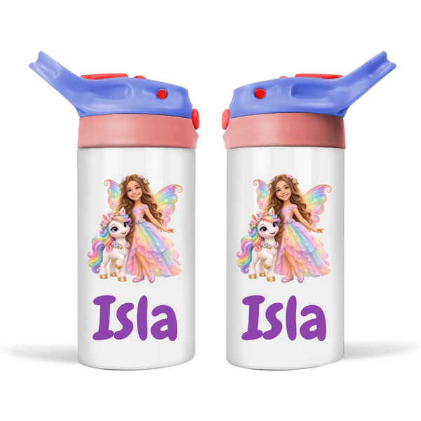 Personalised Unicorn Fairy Kids Photo Sippy Drink Bottle, Blue-Pink