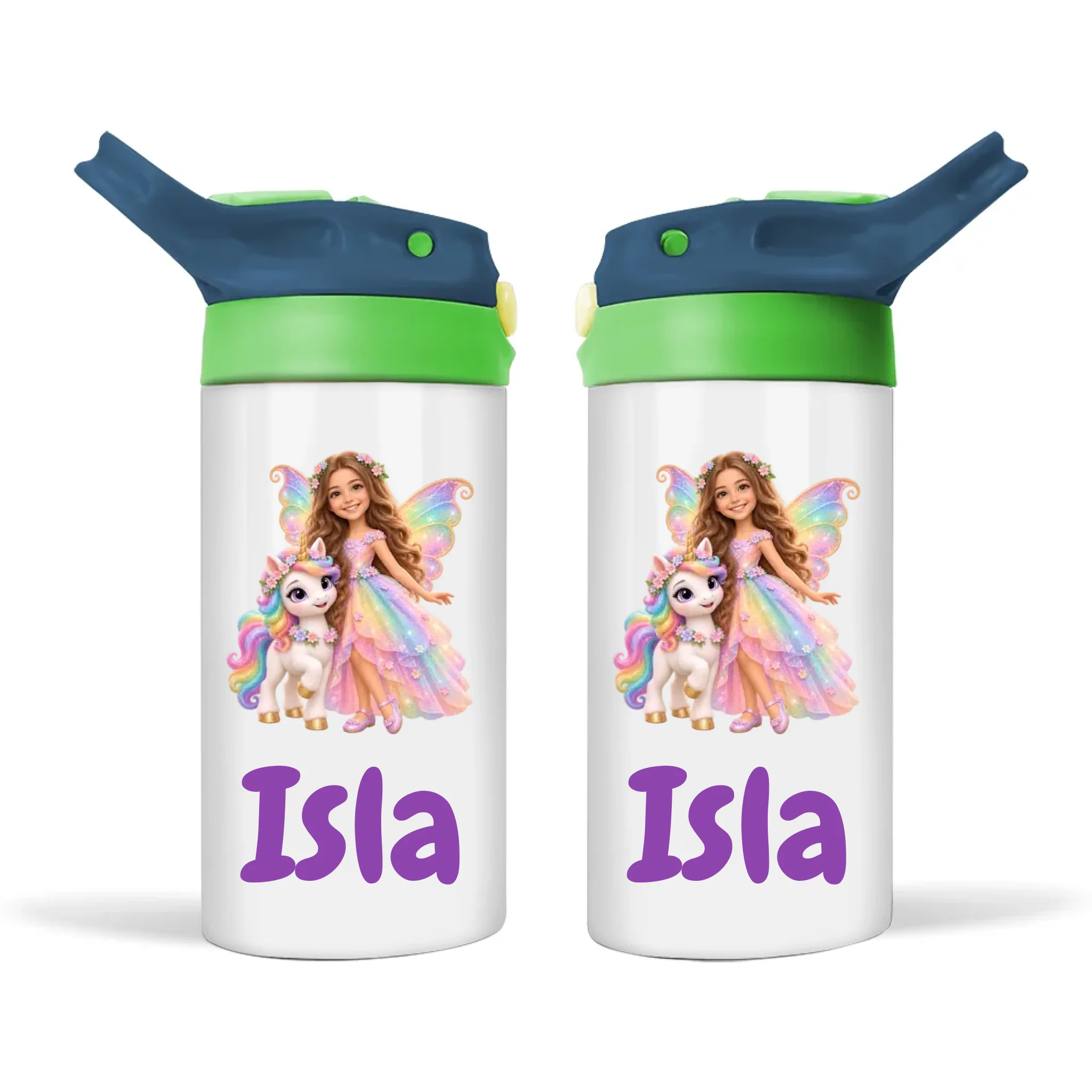 Personalised Unicorn Fairy Kids Photo Sippy Drink Bottle, Navy Blue-Green