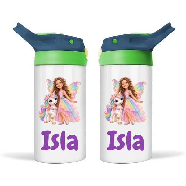 Personalised Unicorn Fairy Kids Photo Sippy Drink Bottle, Navy Blue-Green