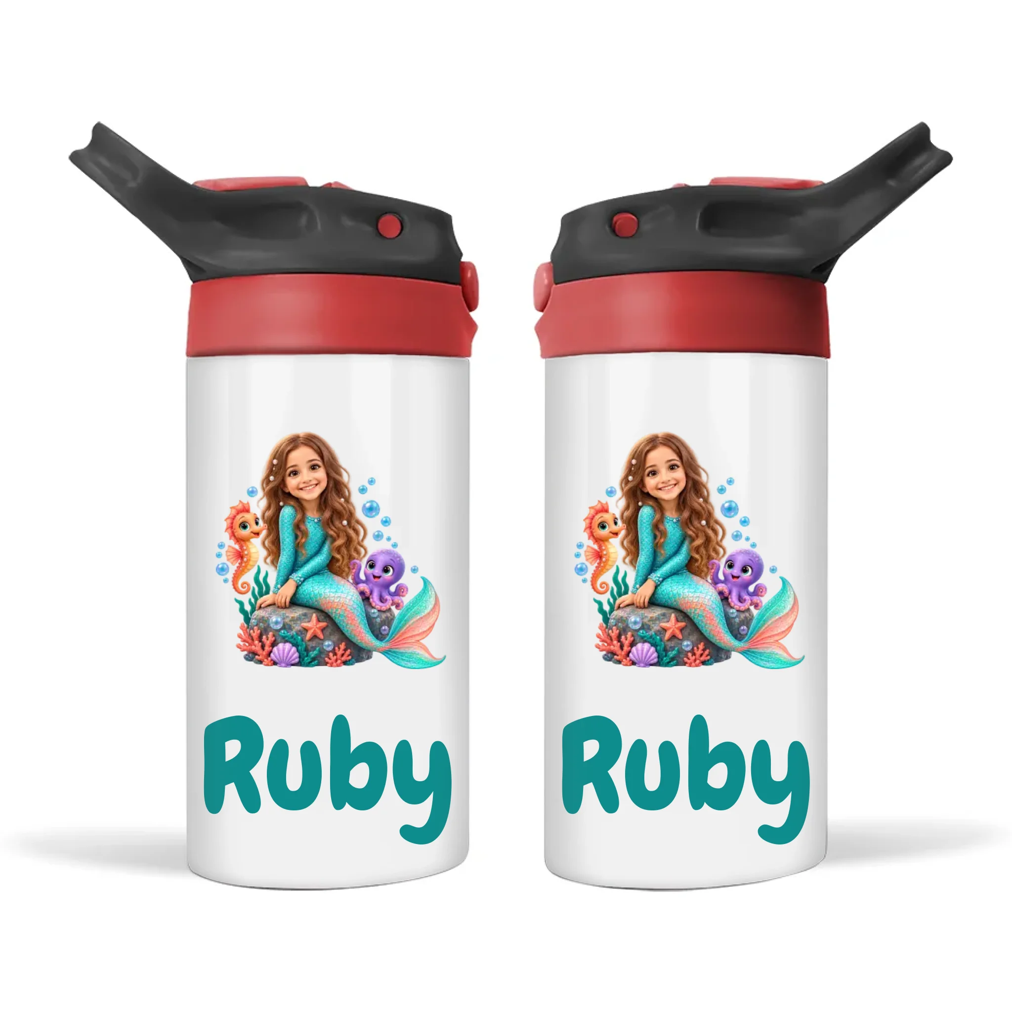 Personalised Mermaid Kids Photo Sippy Drink Bottle, Black-Red
