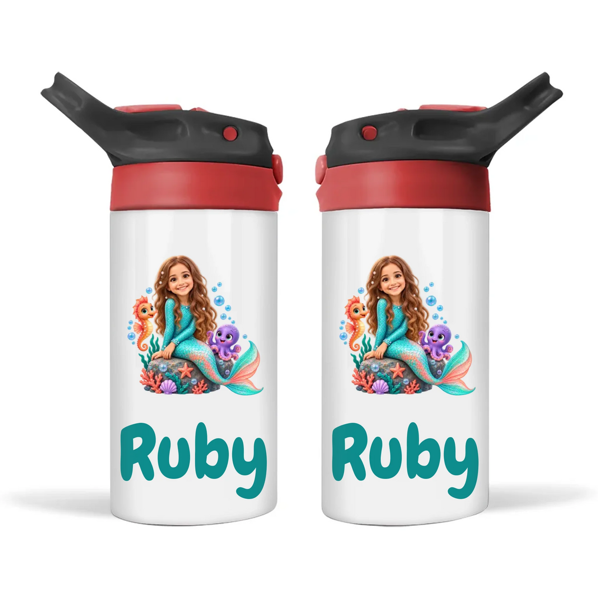 Personalised Mermaid Kids Photo Sippy Drink Bottle, Black-Red