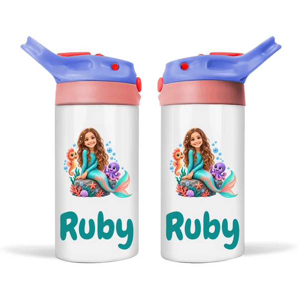Personalised Mermaid Kids Photo Sippy Drink Bottle, Blue-Pink