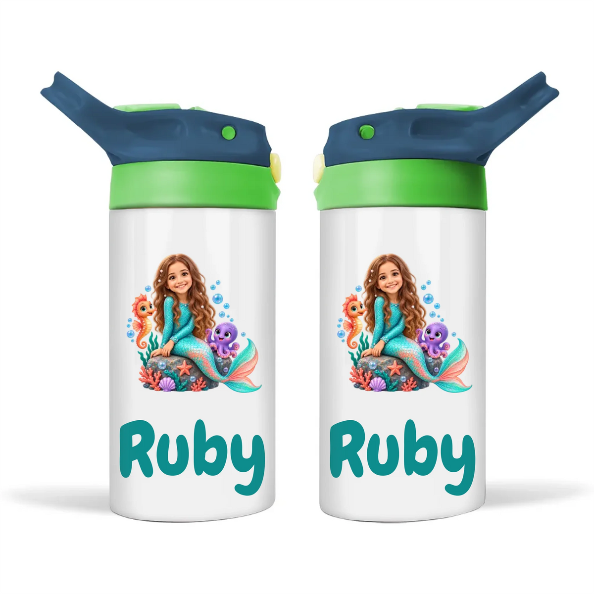 Personalised Mermaid Kids Photo Sippy Drink Bottle, Navy Blue-Green
