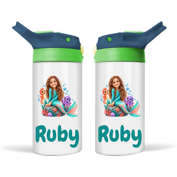 Personalised Mermaid Kids Photo Sippy Drink Bottle, Navy Blue-Green