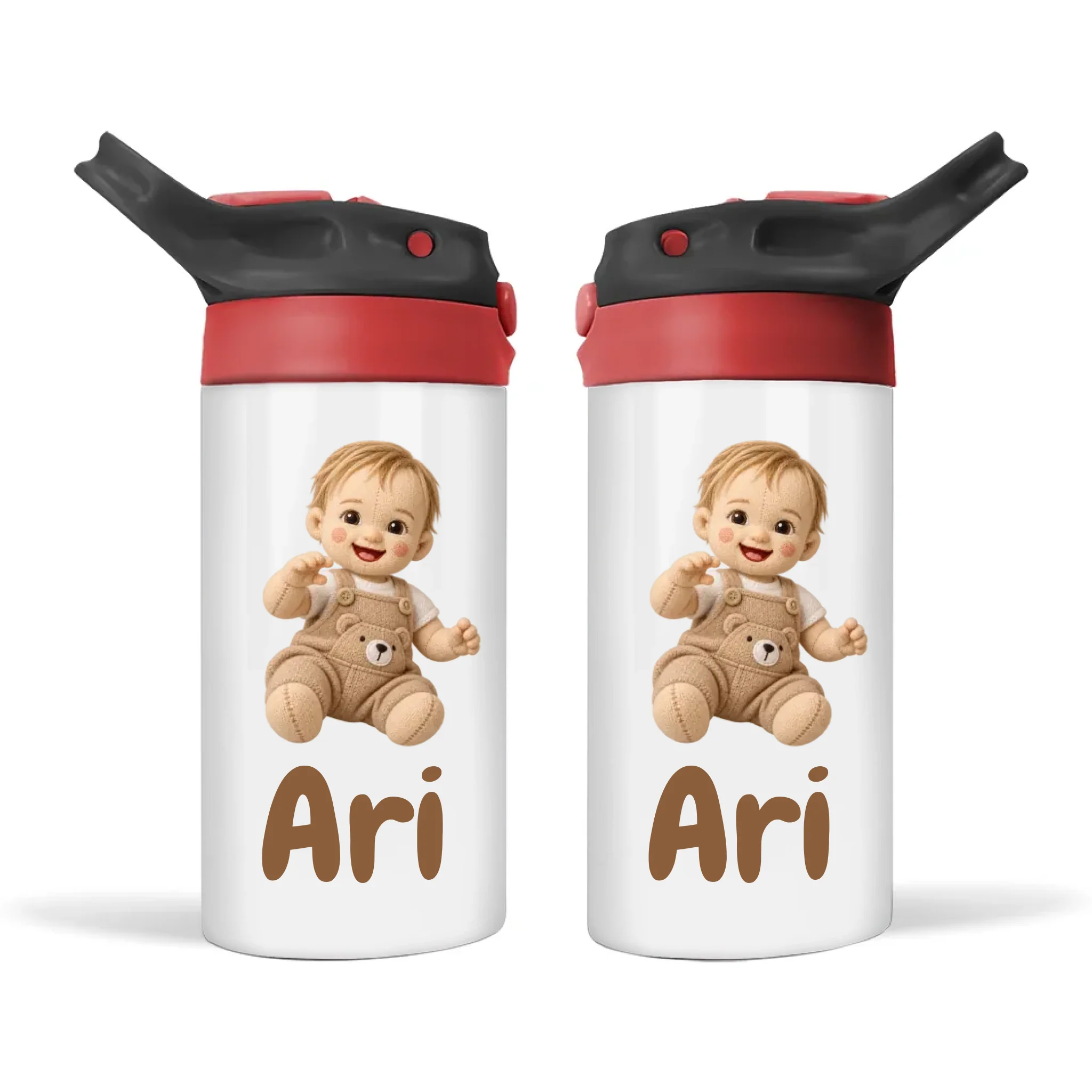 Personalised Plush Toy Baby Photo Sippy Drink Bottle, Black-Red