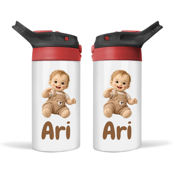 Personalised Plush Toy Baby Photo Sippy Drink Bottle, Black-Red