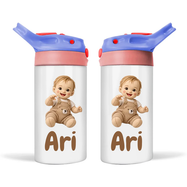 Personalised Plush Toy Baby Photo Sippy Drink Bottle, Blue-Pink