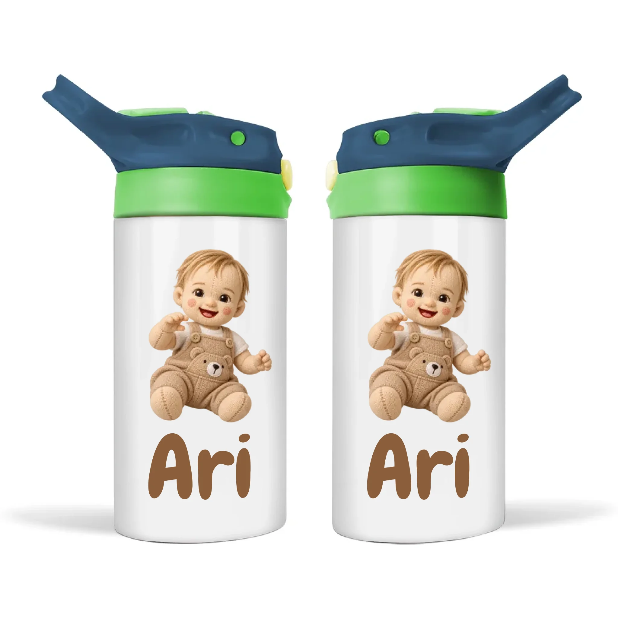 Personalised Plush Toy Baby Photo Sippy Drink Bottle, Navy Blue-Green