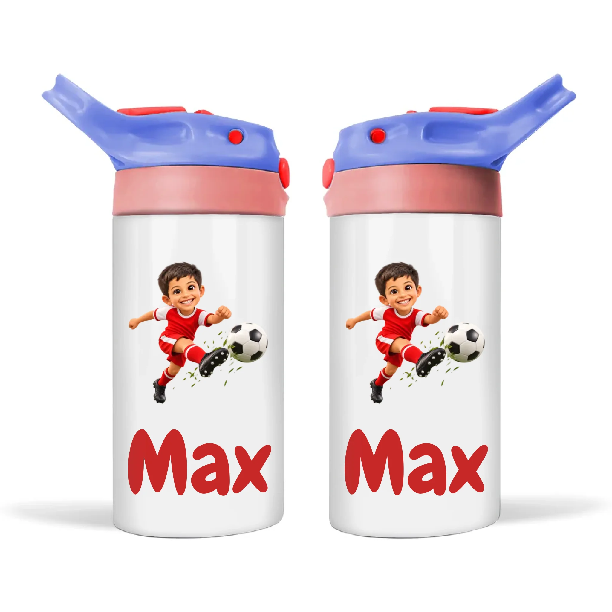 Personalised Football Star Kids Photo Sippy Drink Bottle, Blue-Pink