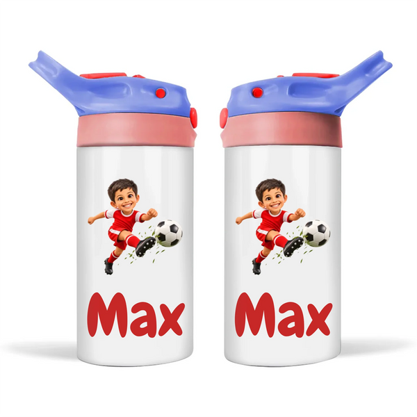Personalised Football Star Kids Photo Sippy Drink Bottle, Blue-Pink