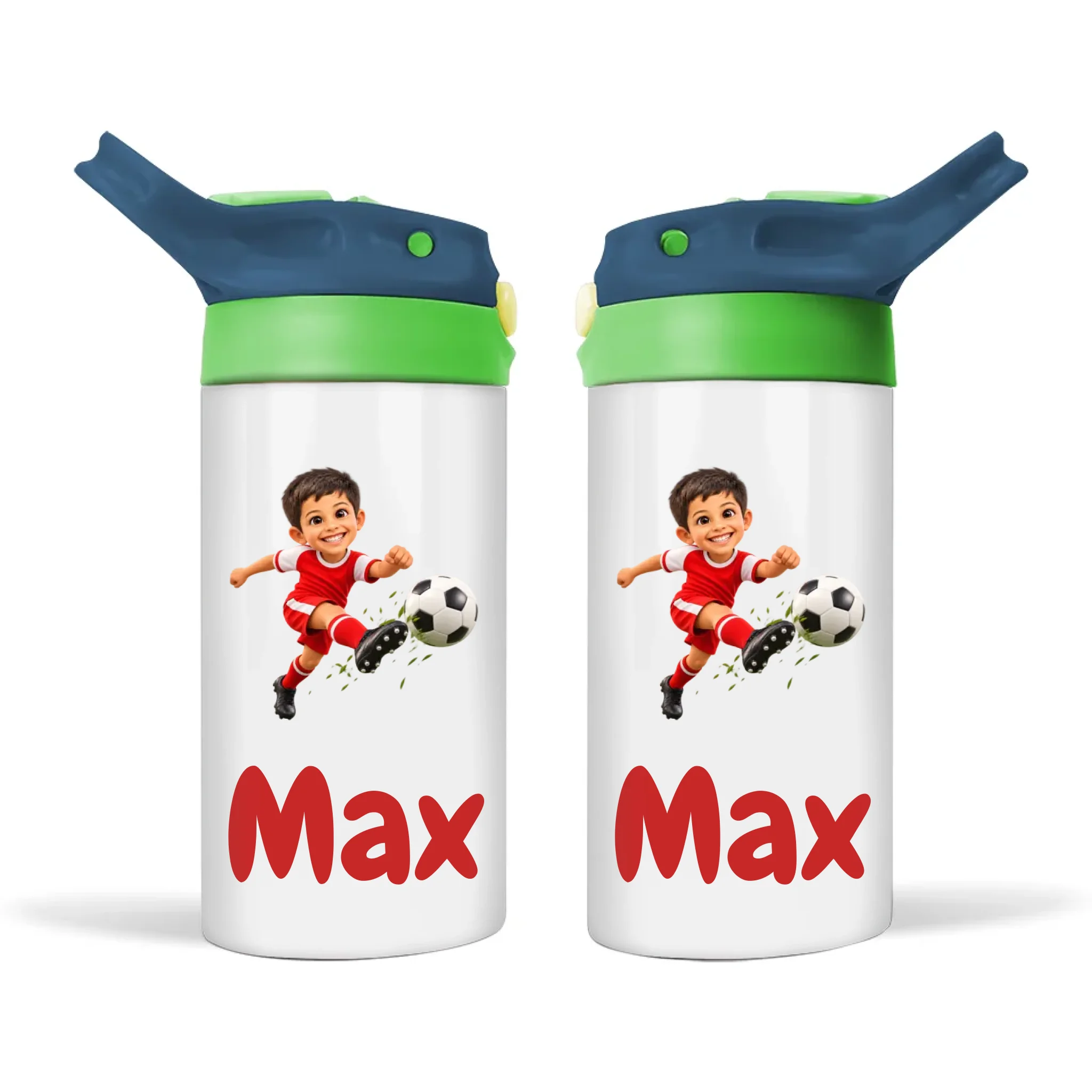 Personalised Football Star Kids Photo Sippy Drink Bottle, Navy Blue-Green