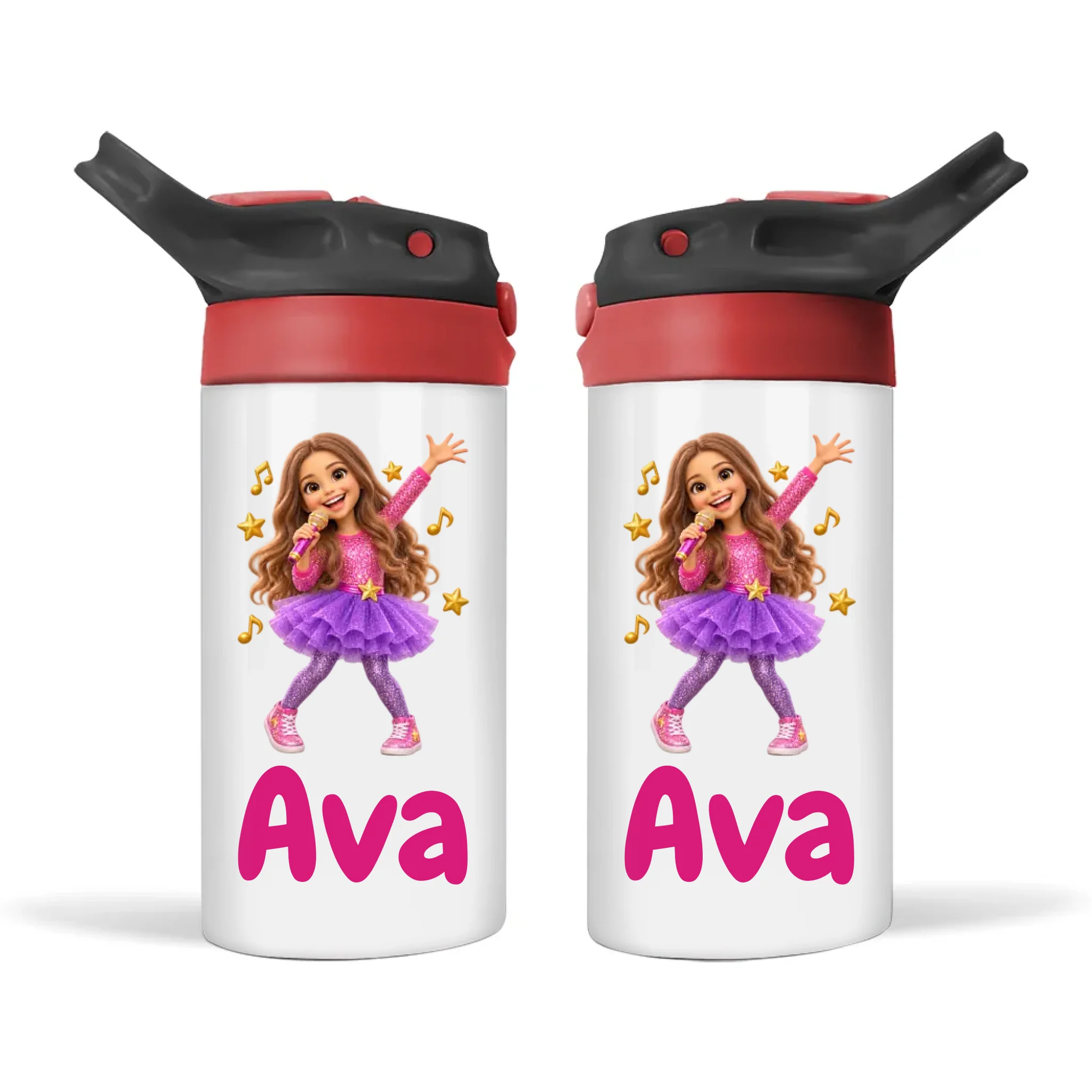 Personalised Pop Star Kids Photo Sippy Drink Bottle, Black-Red