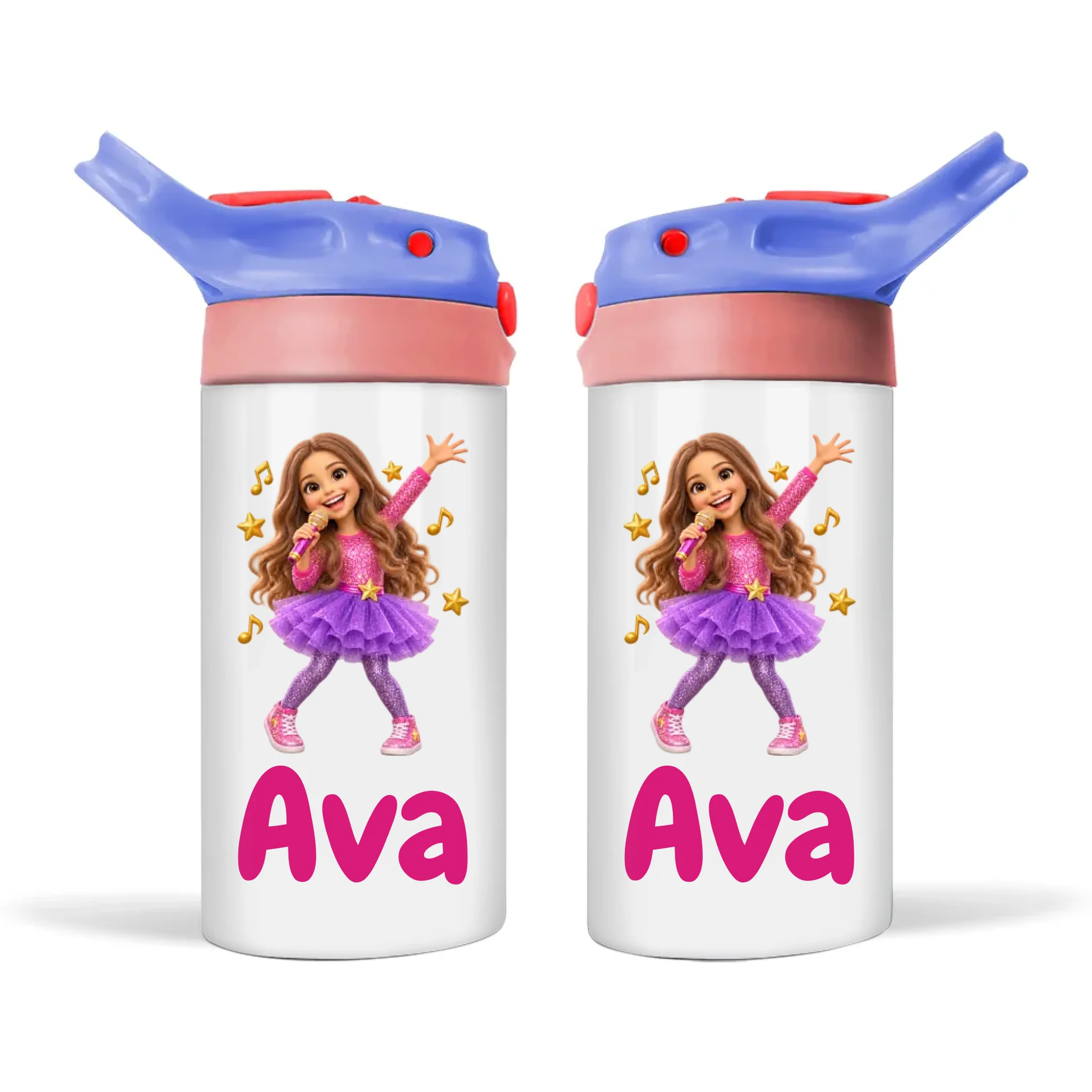 Personalised Pop Star Kids Photo Sippy Drink Bottle, Blue-Pink