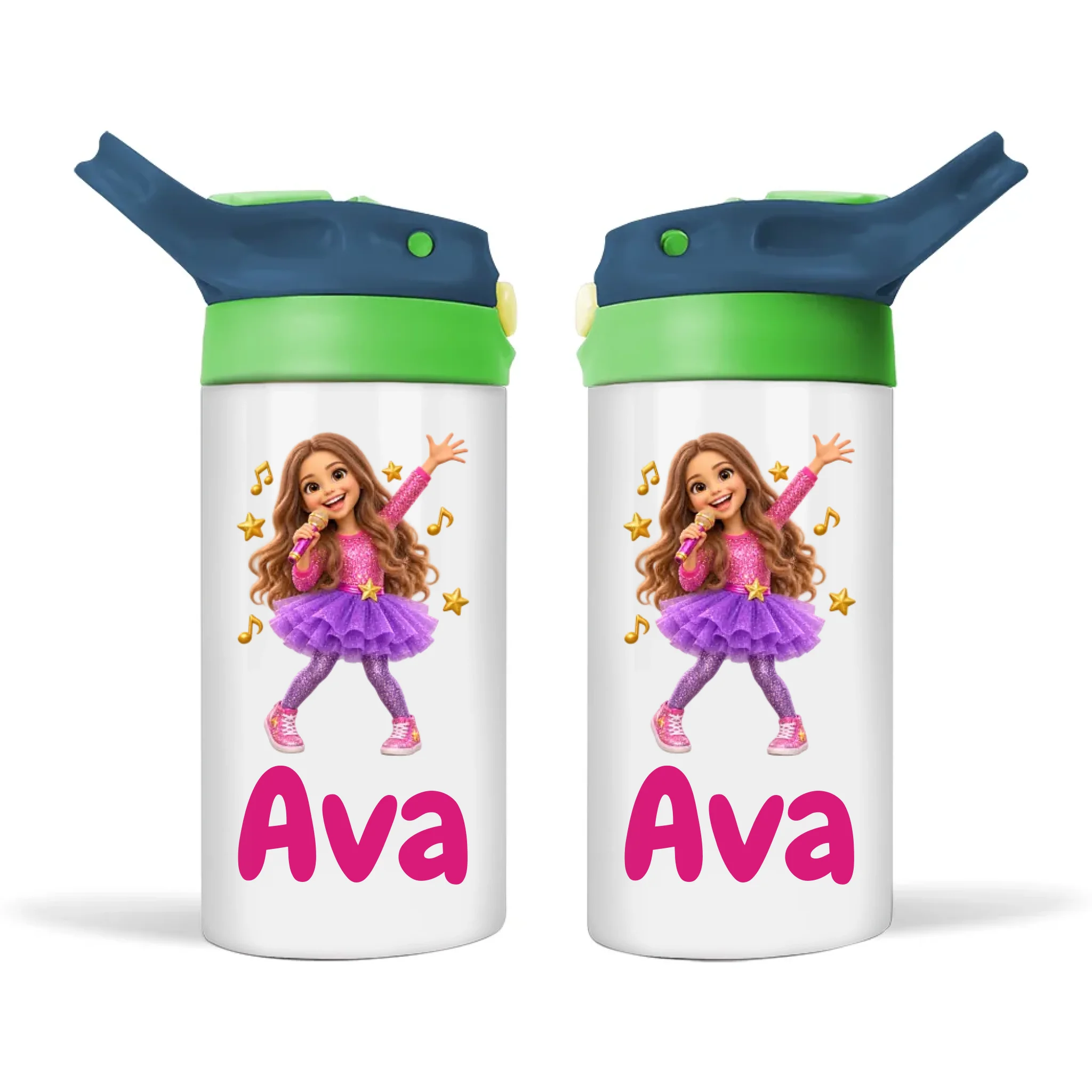 Personalised Pop Star Kids Photo Sippy Drink Bottle, Navy Blue-Green