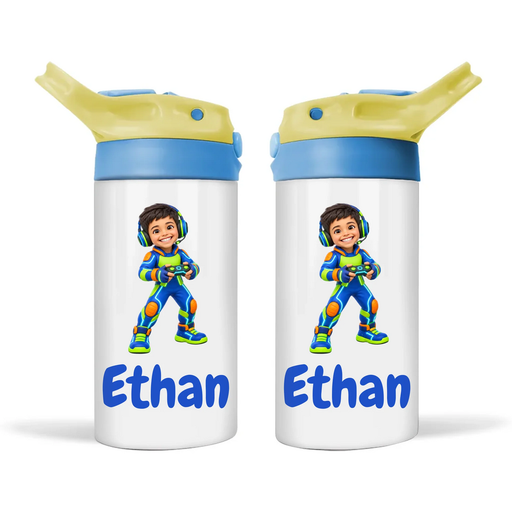 Personalised Gamer Hero Kids Cartoon Sippy Drink Bottle from Your Photo