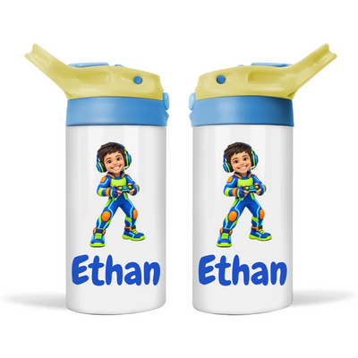 Personalised Gamer Hero Kids Cartoon Sippy Drink Bottle from Your Photo