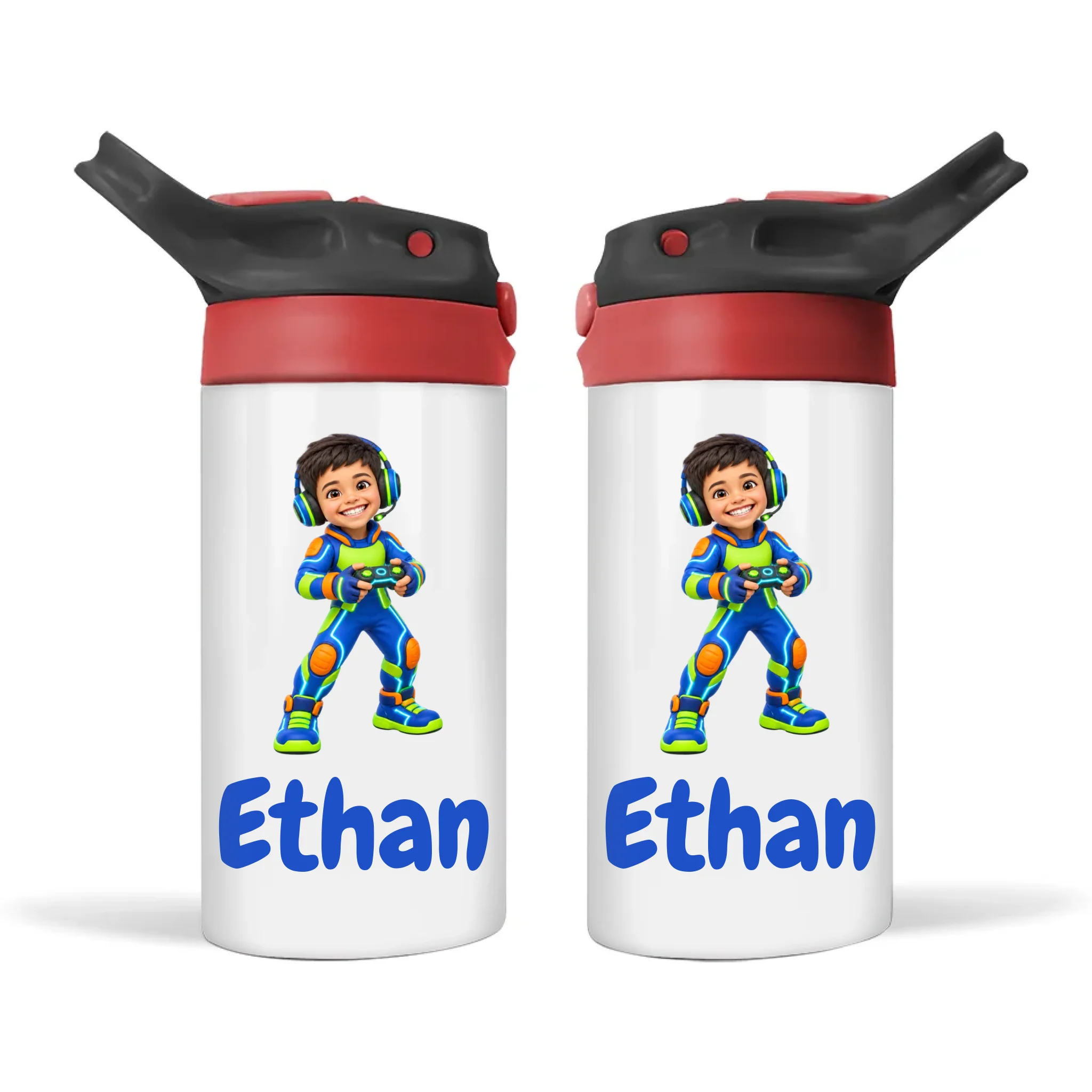 Personalised Gamer Hero Kids Photo Sippy Drink Bottle, Black-Red