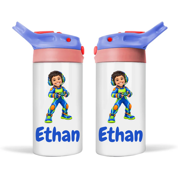 Personalised Gamer Hero Kids Photo Sippy Drink Bottle, Blue-Pink