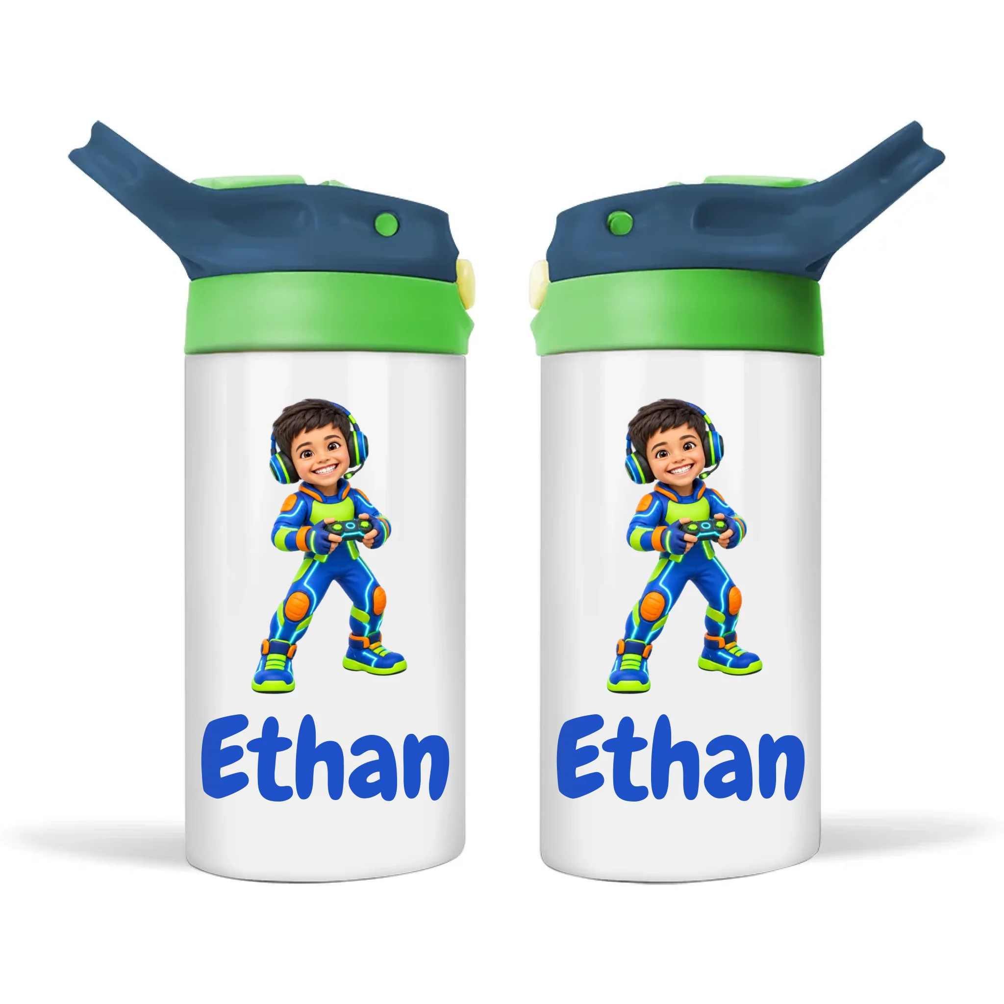 Personalised Gamer Hero Kids Photo Sippy Drink Bottle, Navy Blue-Green