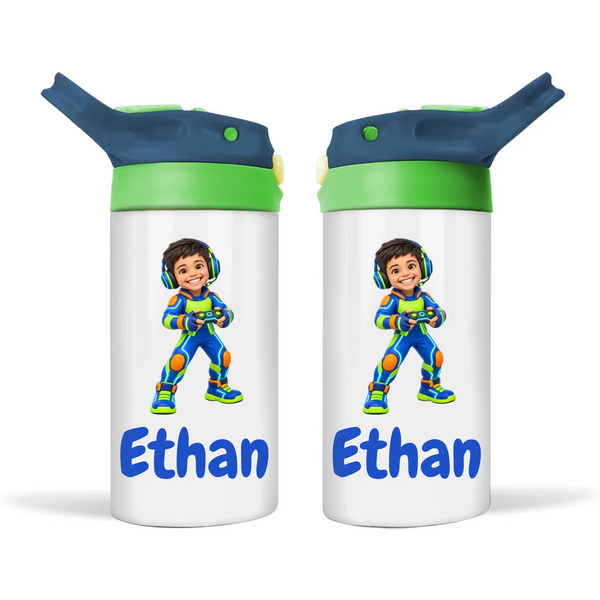 Personalised Gamer Hero Kids Photo Sippy Drink Bottle, Navy Blue-Green