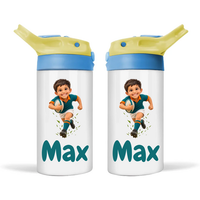 Personalised Rugby Star Kids Cartoon Sippy Drink Bottle from Your Photo