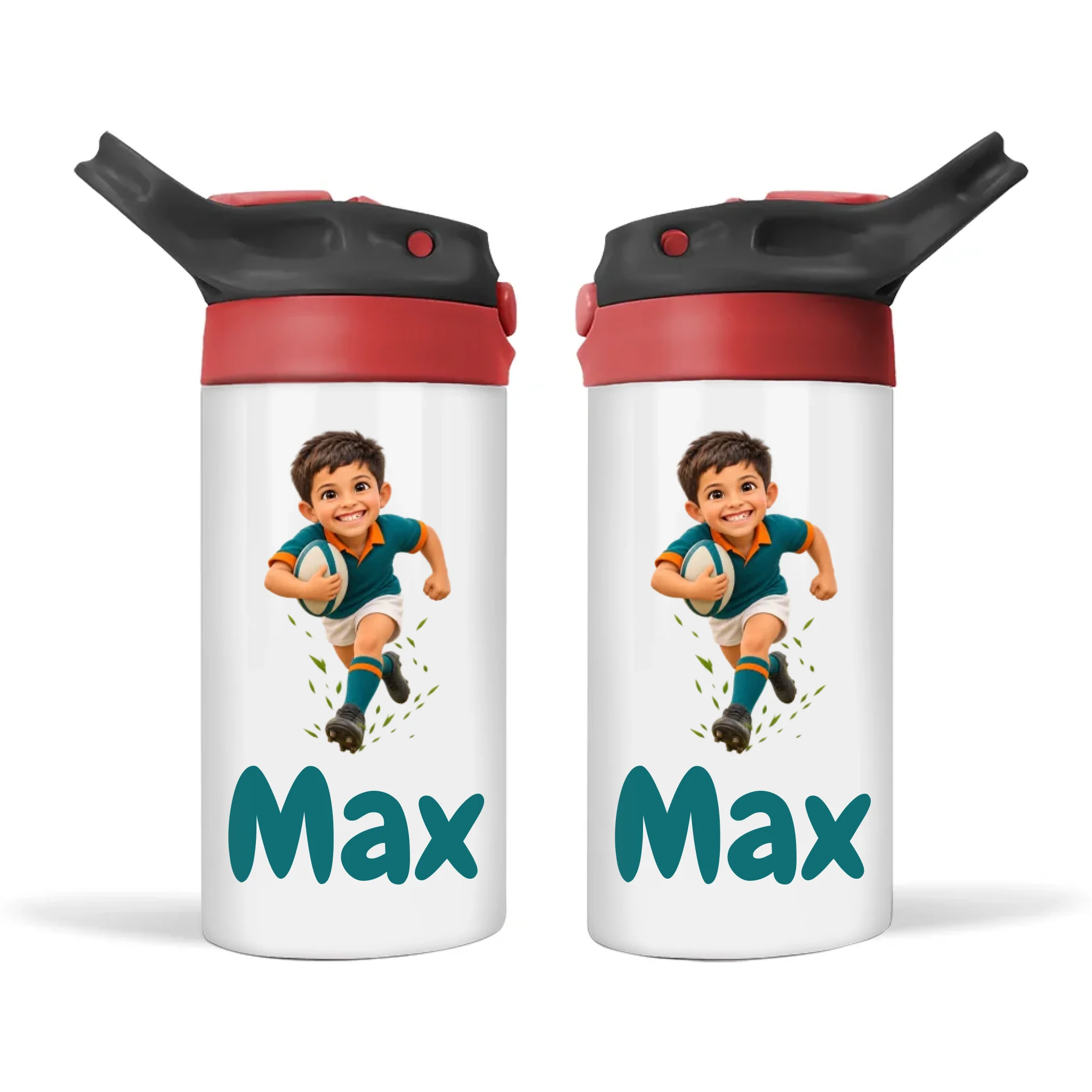 Personalised Rugby Star Kids Photo Sippy Drink Bottle, Black-Red
