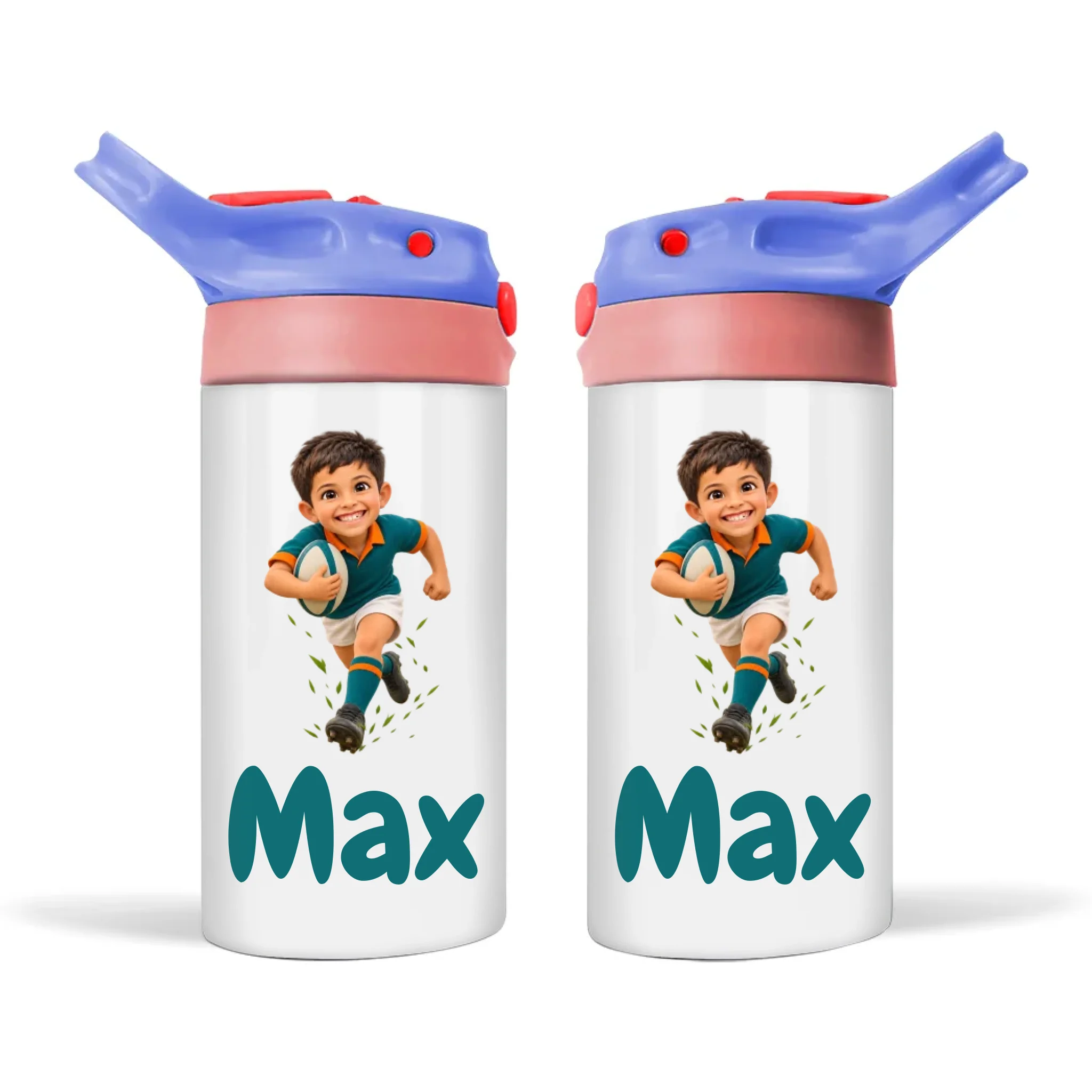 Personalised Rugby Star Kids Photo Sippy Drink Bottle, Blue-Pink