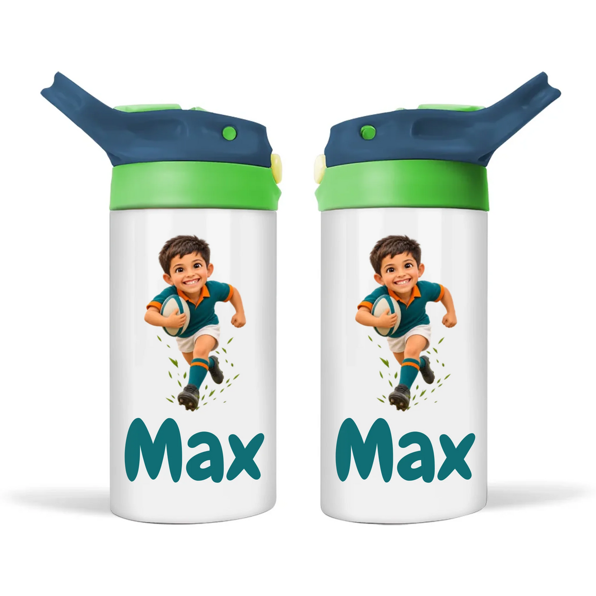 Personalised Rugby Star Kids Photo Sippy Drink Bottle, Navy Blue-Green