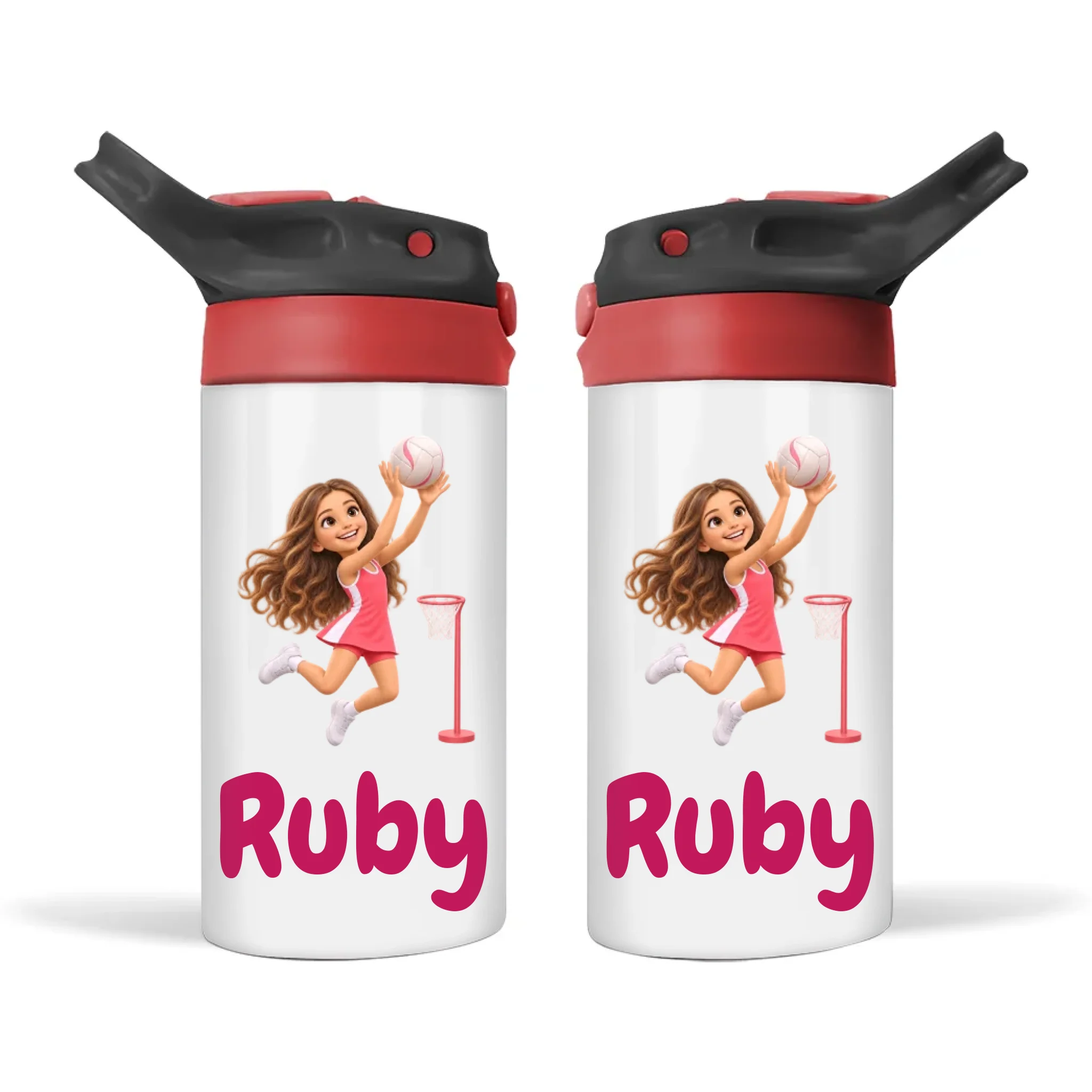 Personalised Netball Star Kids Photo Sippy Drink Bottle, Black-Red