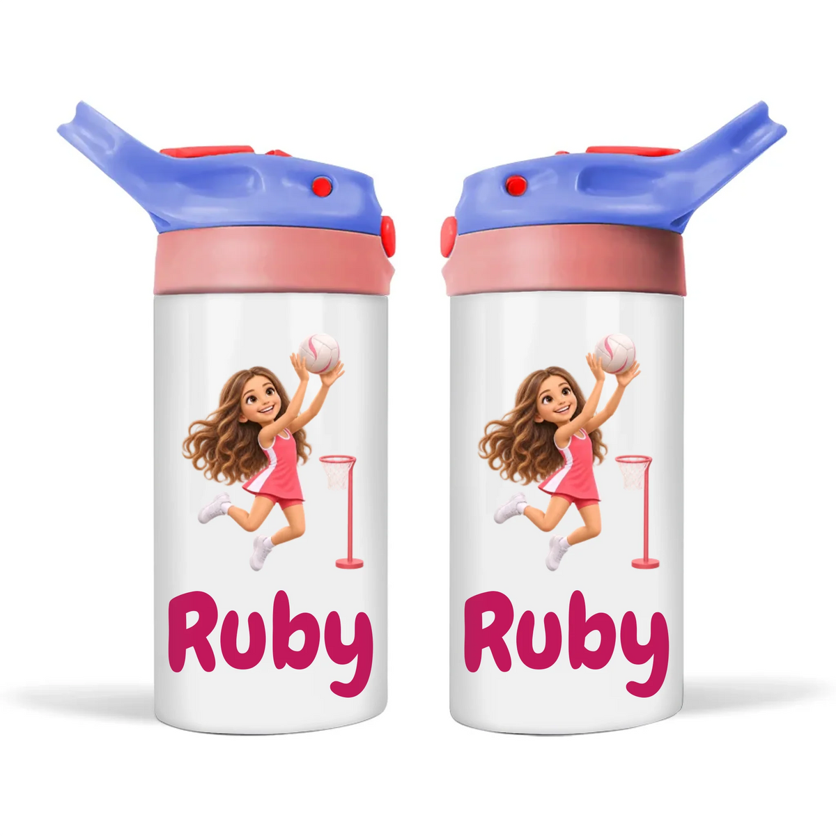 Personalised Netball Star Kids Photo Sippy Drink Bottle, Blue-Pink